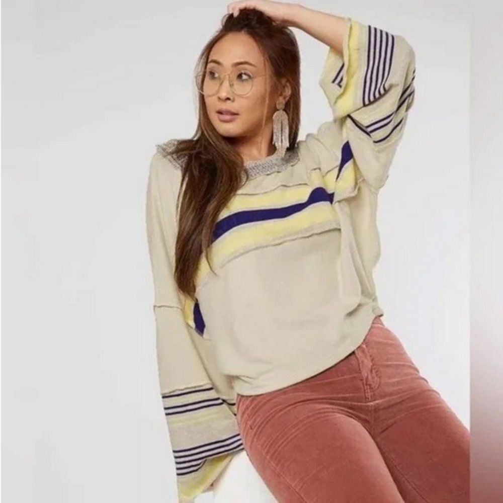 Free People Cooper Oatmeal Striped Crewneck Flare Sleeve Pullover Top
